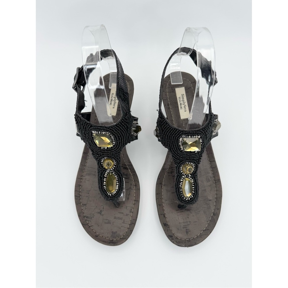 SIMPLY VERA VERA WANG Jeweled Wedge Sandals Black Thong 7 Glam Party